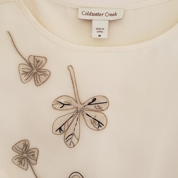 Coldwater Creek Ivory Sleeveless blouse with Sheer Embroidered Butterfly Overlay - Picture 2 of 5